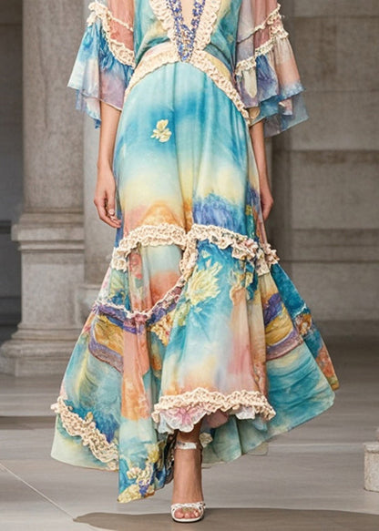 Rainbow Ruffled Patchwork Chiffon Maxi Dress Summer