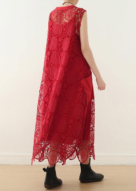 Handmade Red Hollow Out Cotton Tunics Big Pockets Summer Dresses