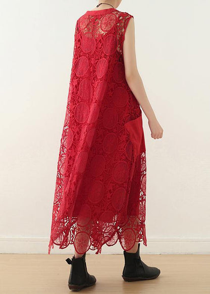 Handmade Red Hollow Out Cotton Tunics Big Pockets Summer Dresses