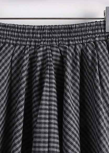 Black Grey Plaid Elastic Waist Cotton a Line Skirt Fall