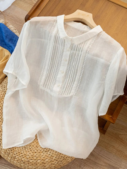 Color Short Sleeve Linen Pleated Top
