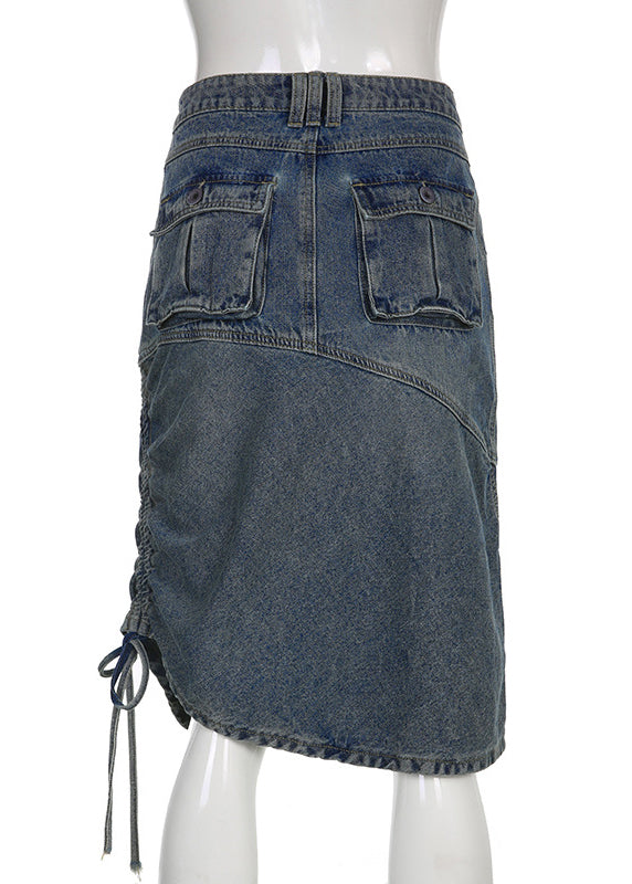 Blue Drawstring Pockets Patchwork Denim Skirt Fall