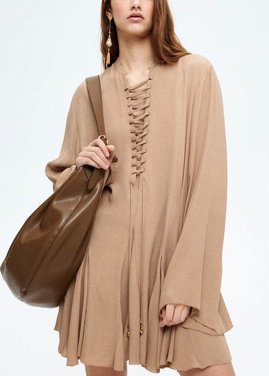 Khaki Lace Up Cotton Mini Dress Flare Sleeve