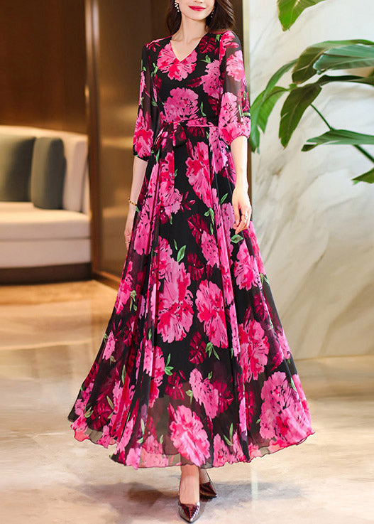Rose V Neck Print Chiffon Maxi Dresses Summer