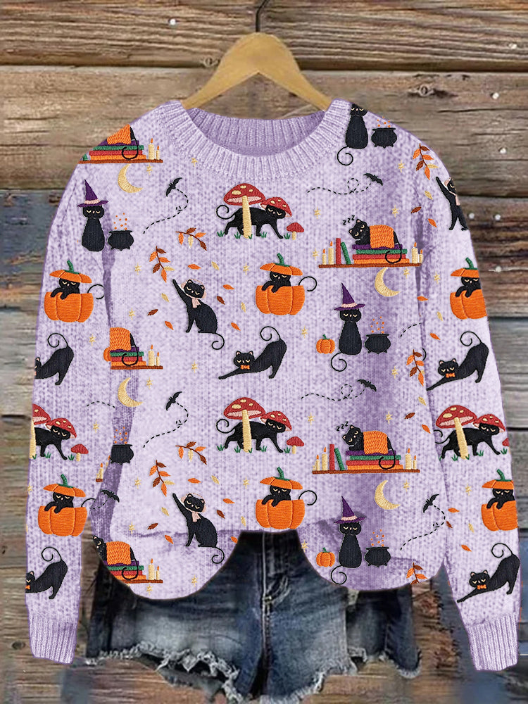Black Cat Pumpkin Embroidery Pattern Knit Sweater elevenforest