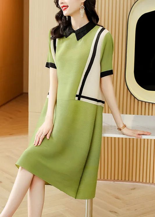 French Green Peter Pan Collar Patchwork Mid Dress Short Sleeve