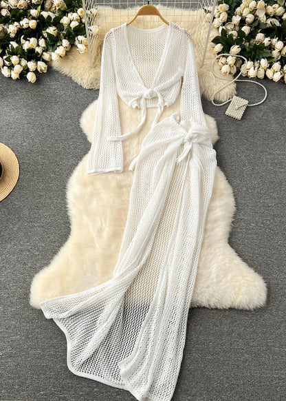 French Blue Hollow Out Tops and Side Open Skirts Knit Two Pieces Set Fall