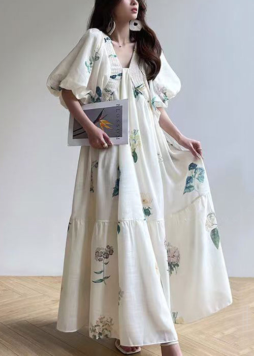 White V Neck Print Lace Up Cotton Dress Lantern Sleeve