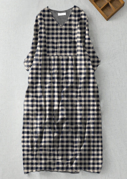 Modern Black V Neck Print Wrinkled Linen a Line Dress Summer