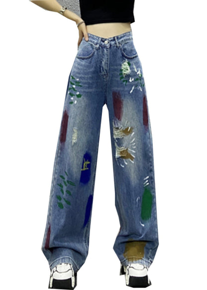 Blue Paintings Pockets High Waist Denim Wide Leg Pants Spring