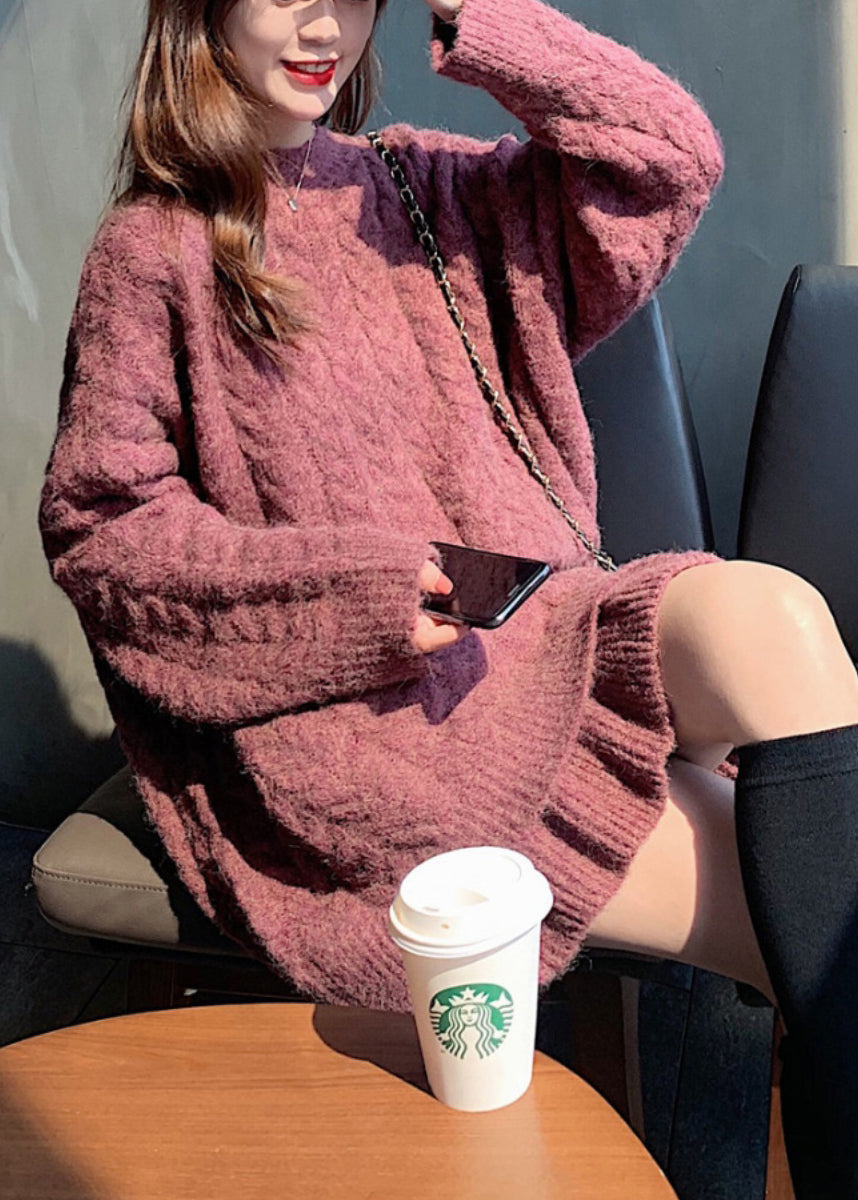 Dull Purple Thick Cable Knit Sweater and Skirt Two Pieces Set Spring
