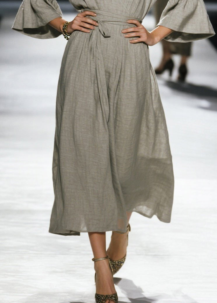 Grey Cinched Linen Robe Dresses Flare Sleeve