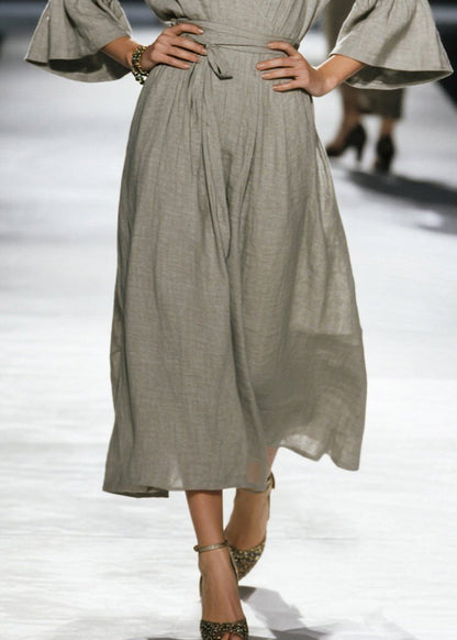 Grey Cinched Linen Robe Dresses Flare Sleeve