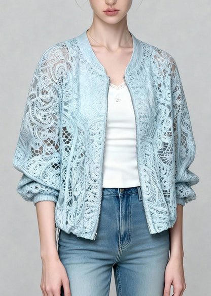 Blue Zip Up Hollow Out Lace Coats Summer