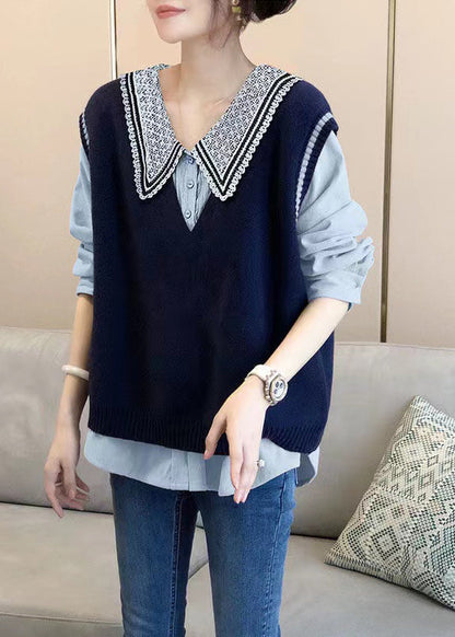 Stylish Blue Peter Pan Collar Shirts and Vest Knit Two Piece Suit Set Fall