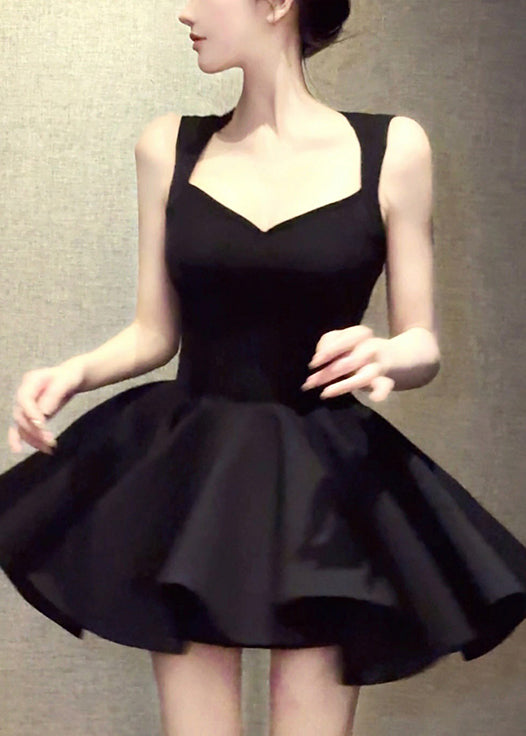 Black High Waist Pleated Dress V Neck Summer