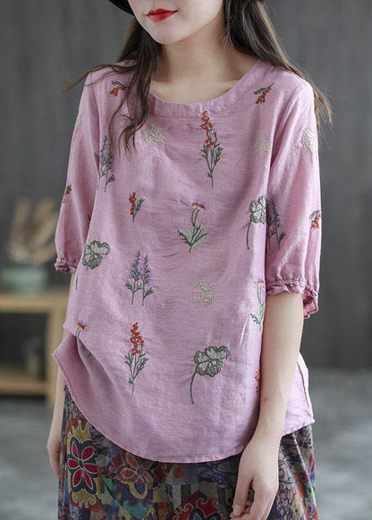 Pink Embroidered O-neck Half Sleeve Ramie Blouses Summer