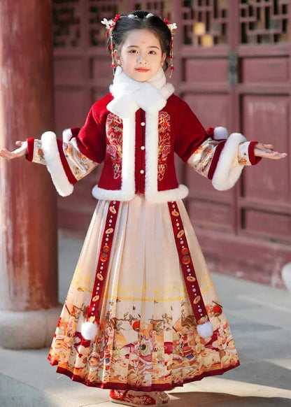 Champagne Fur Collar Button Kids Coats and Maxi Skirts Two Pieces Set Winter