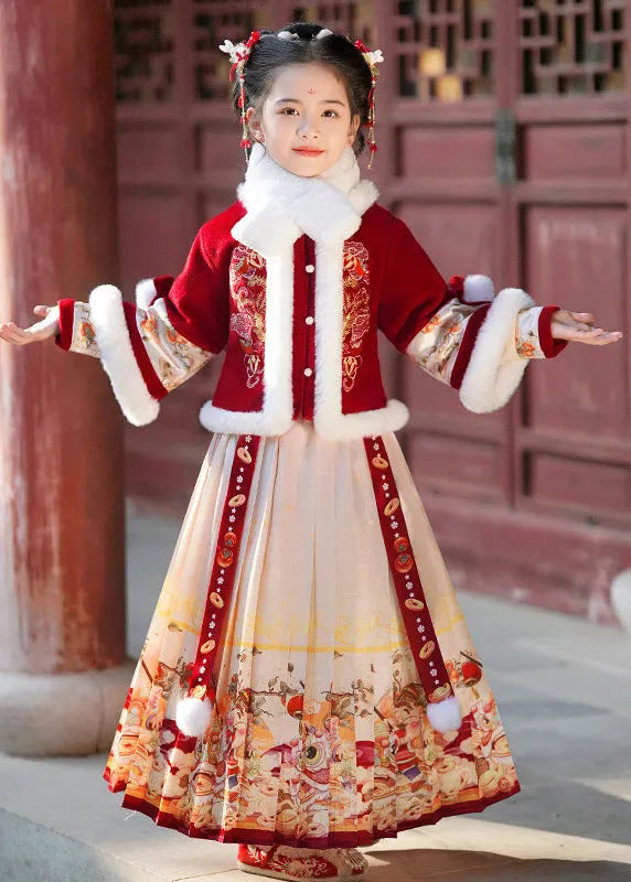 Champagne Fur Collar Button Kids Coats and Maxi Skirts Two Pieces Set Winter