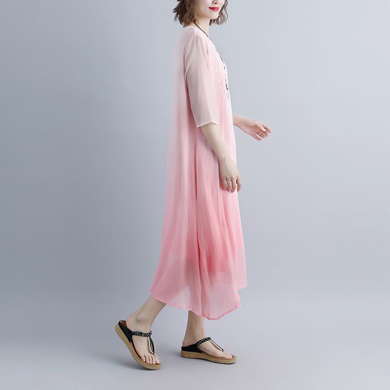 Fine Cotton Dresses Fake Two-piece Pockets Retro Pink Summer Dress