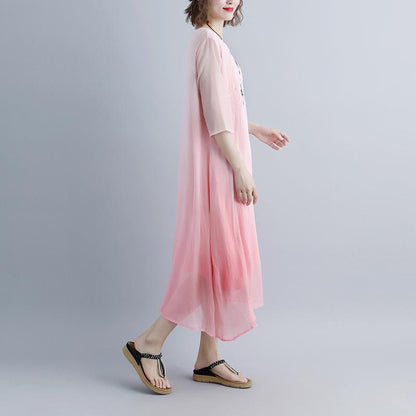 Fine Cotton Dresses Fake Two-piece Pockets Retro Pink Summer Dress