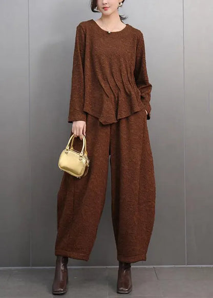 Brown O-neck Print T Shirts and Lantern Pants Two Pieces Set Spring