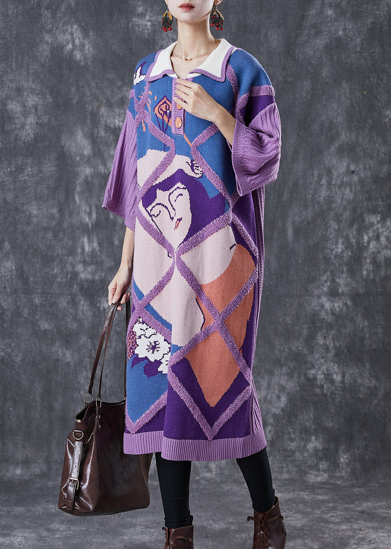 Purple Peter Pan Collar Print Knit Long Sweater Half Sleeve