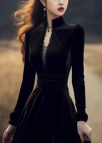 Black Stand Collar Patchwork Slim Fit Velvet Dresses Spring