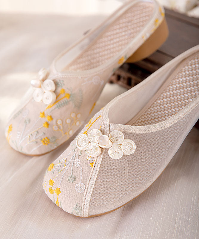 Beige Embroideried Slide Sandals Tulle Splicing