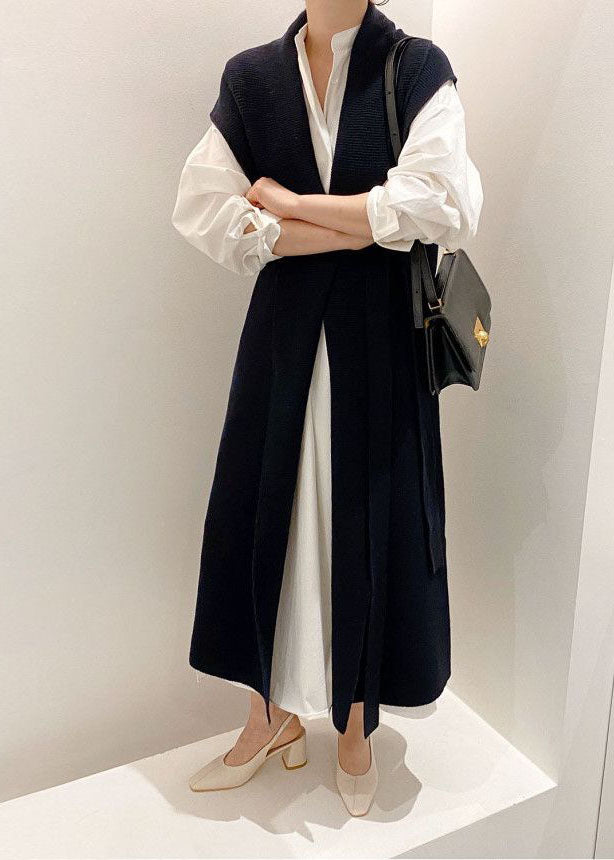 Black Patchwork Tie Waist Knit Long Vest Outwear Sleeveless