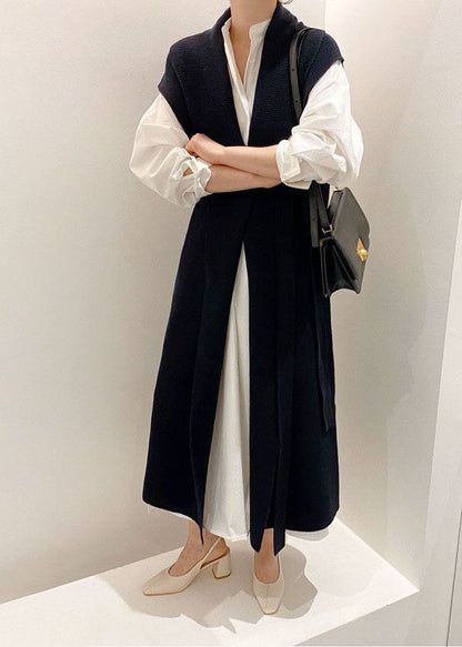 Black Patchwork Tie Waist Knit Long Vest Outwear Sleeveless