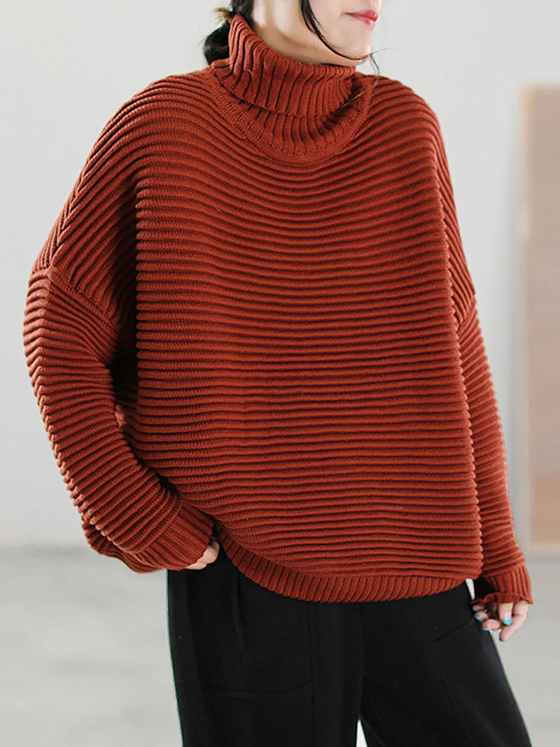 Highneck Color Knitted Loose Long Sleeve Sweater