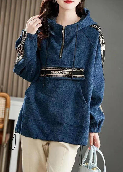 Blue Hooded Pockets Patchwork Cotton Sweatshirts Long Sleeve