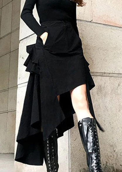 Stylish Black Button Pockets Asymmetrical Skirts Spring