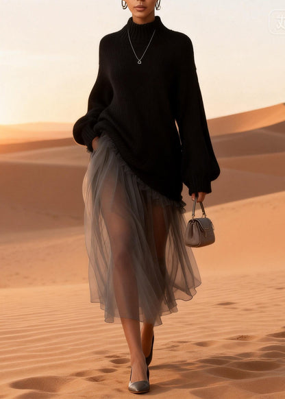 Black Turtleneck Knitted Cotton Patchwork Tulle Long Dresses Spring