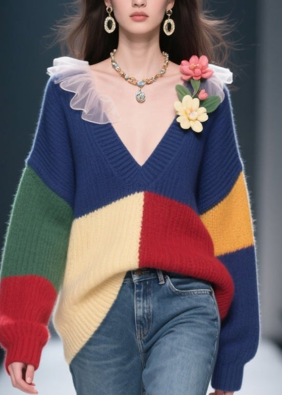 Colorblock V Neck Knit Sweaters Winter