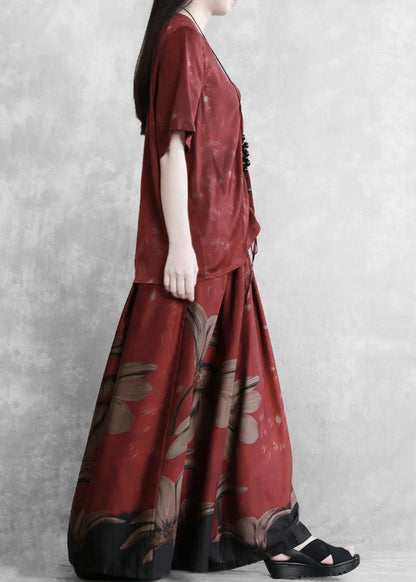 Style Female V-neck Red Large Size Was Thin Shirt + Skirt Pants