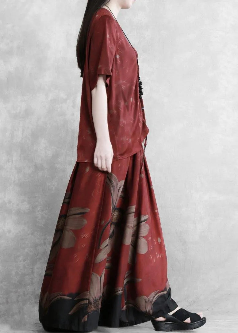 Style Female V-neck Red Large Size Was Thin Shirt + Skirt Pants