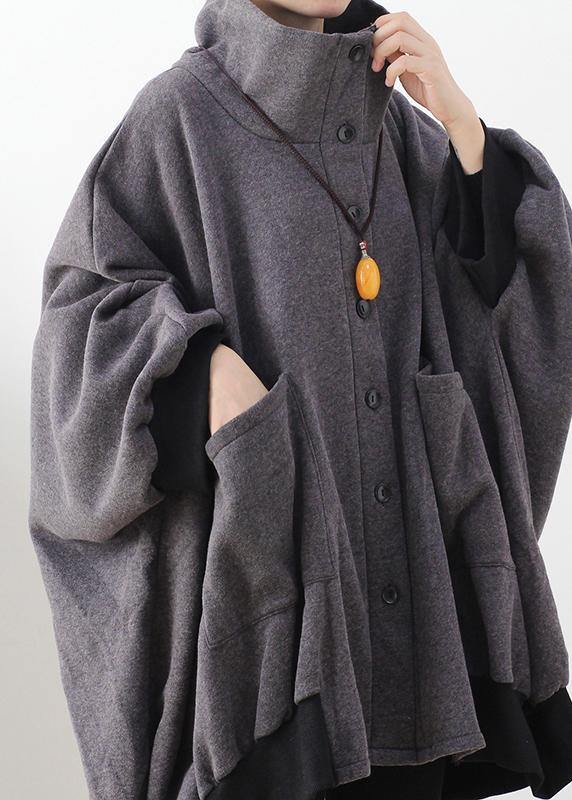 Gray Tunic Pattern Outfits High Neck Zippered Fall Coat