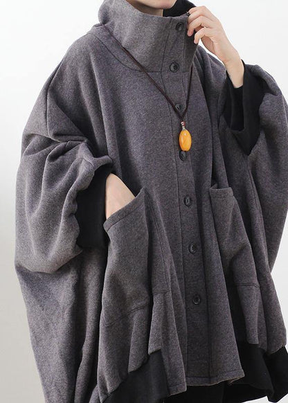 Gray Tunic Pattern Outfits High Neck Zippered Fall Coat