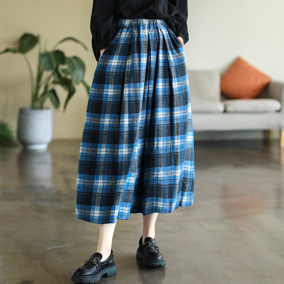 Cotton and Linen Check Elastic High Waist A-line Skirt