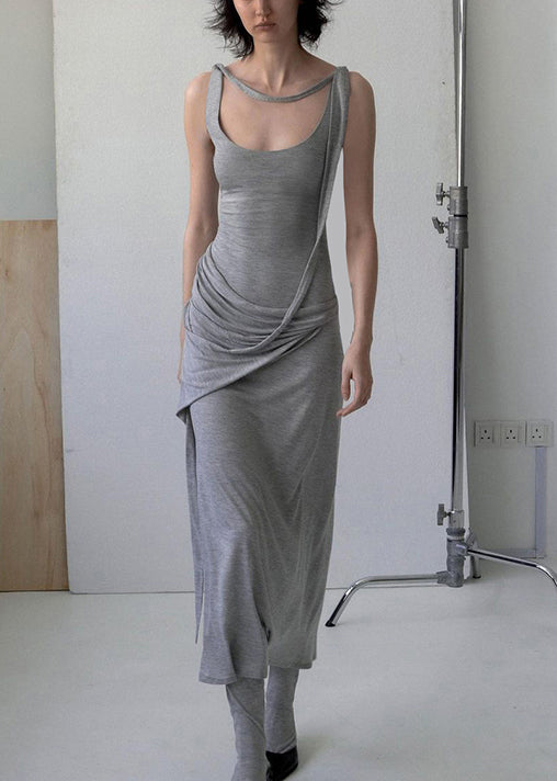 Art Grey Wrinkled Cotton Spaghetti Strap Dress Sleeveless