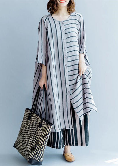 New Gray Striped Linen Dresses Asymmetric Patchwork O Neck Dress