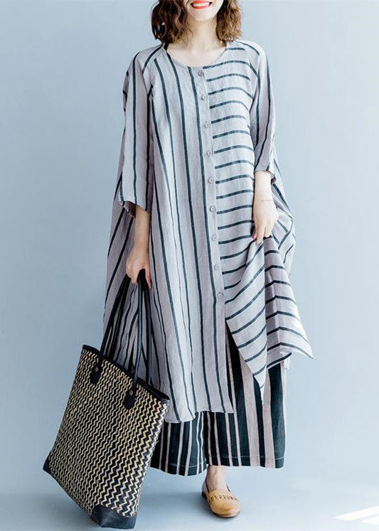 New Gray Striped Linen Dresses Asymmetric Patchwork O Neck Dress