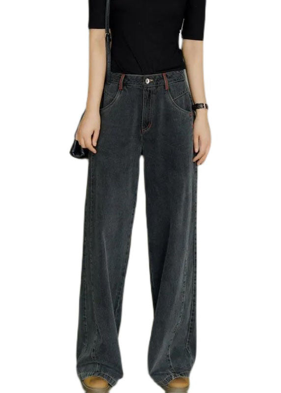 Black High Waist Zip Up Draping Pockets Cotton Denim Wide Leg Pants Summer