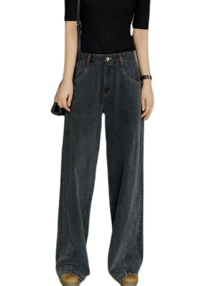 Black High Waist Zip Up Draping Pockets Cotton Denim Wide Leg Pants Summer