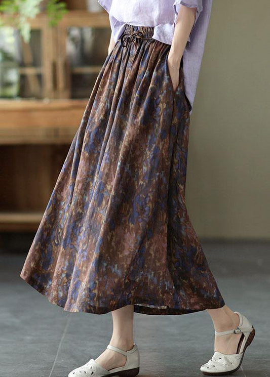 Khaki Print Patchwork a Line Skirt Linen Fall