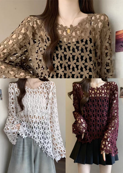 Coffee Lace Upf 50+ Tops Hollow Out Fall