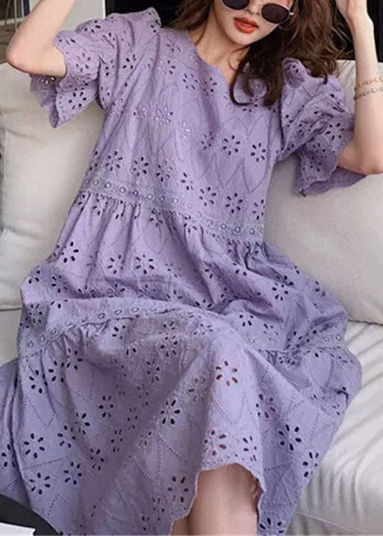 Purple Embroidered Hollow Out Patchwork Cotton Dress Puff Sleeve
