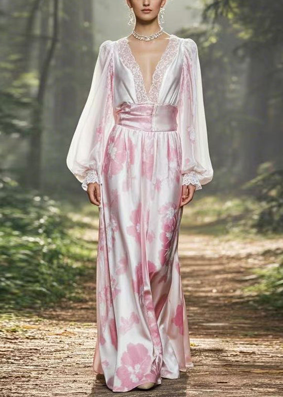 Pink Print High Waist Silk Dress Lantern Sleeve